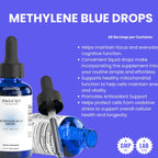 Methylene Blue Drops supplement bottle with dropper on a blue background