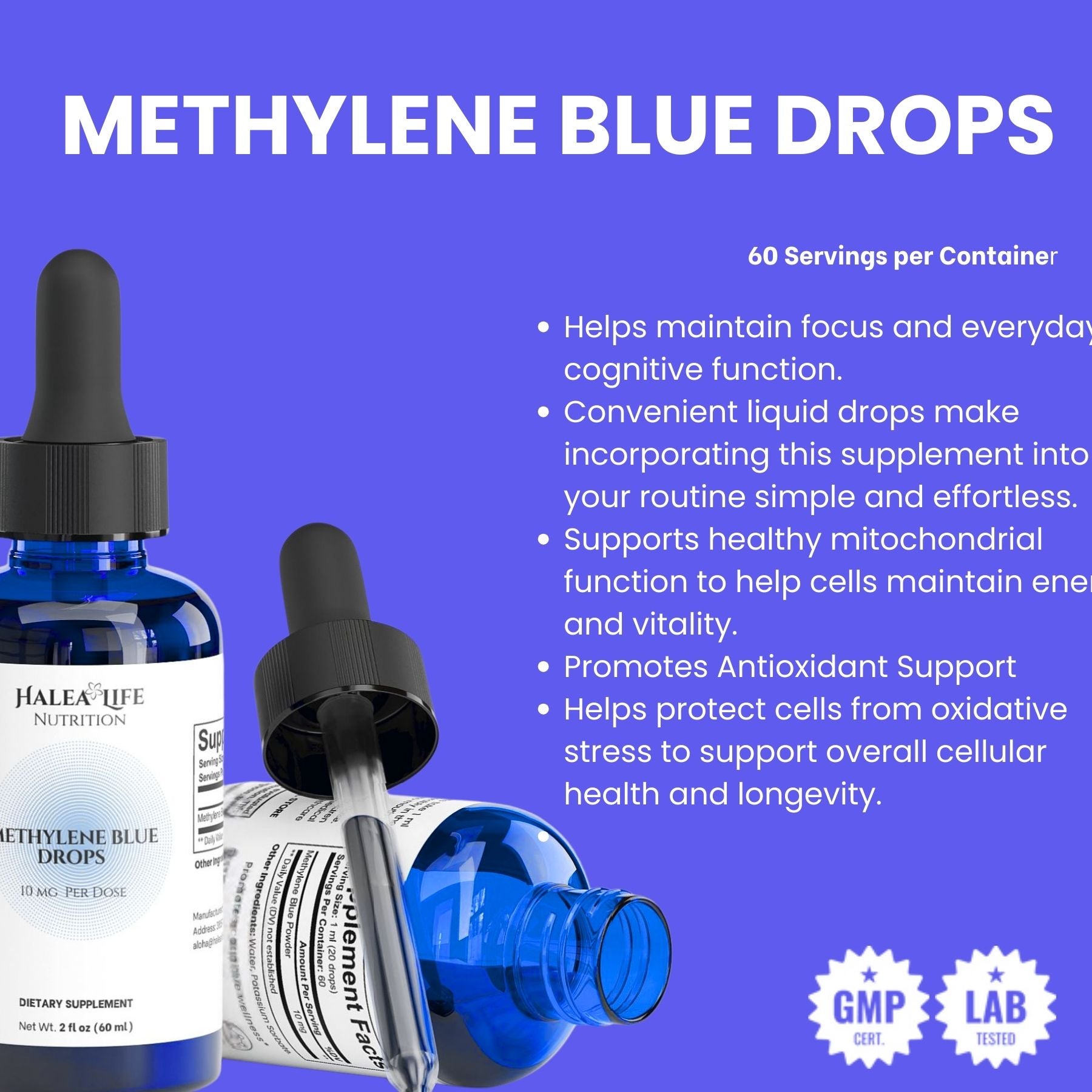 Methylene Blue Drops supplement bottle with dropper on a blue background