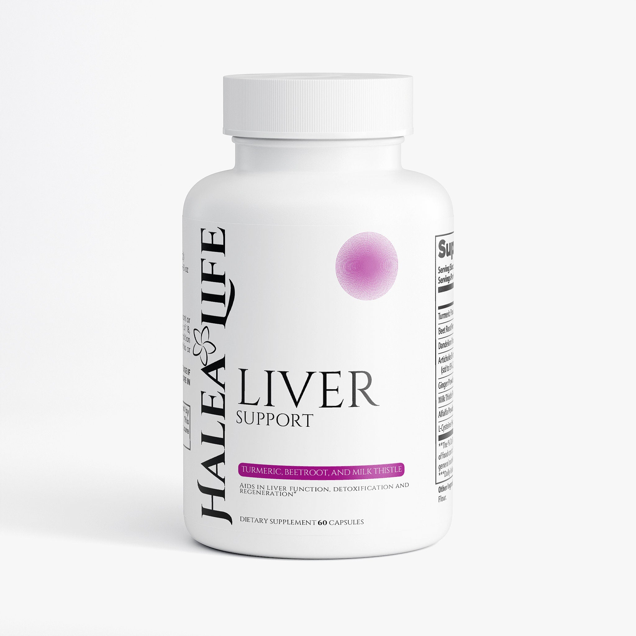 Halea Life Liver Support Capsules — 8 active ingredients, all at individual transparent doses. 60 capsules / 30-day supply.