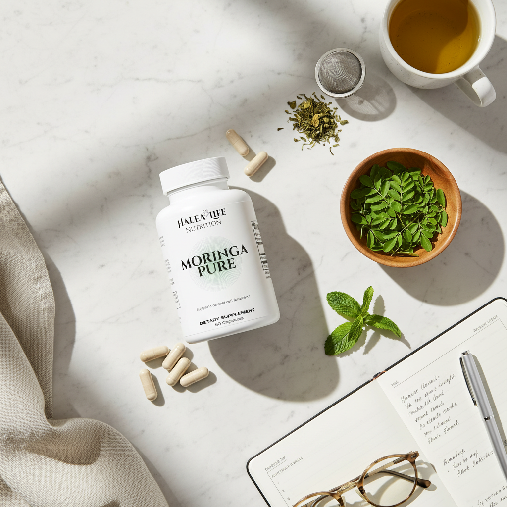 Moringa supplement bottle on a table with tea, herbs, and a notebook.