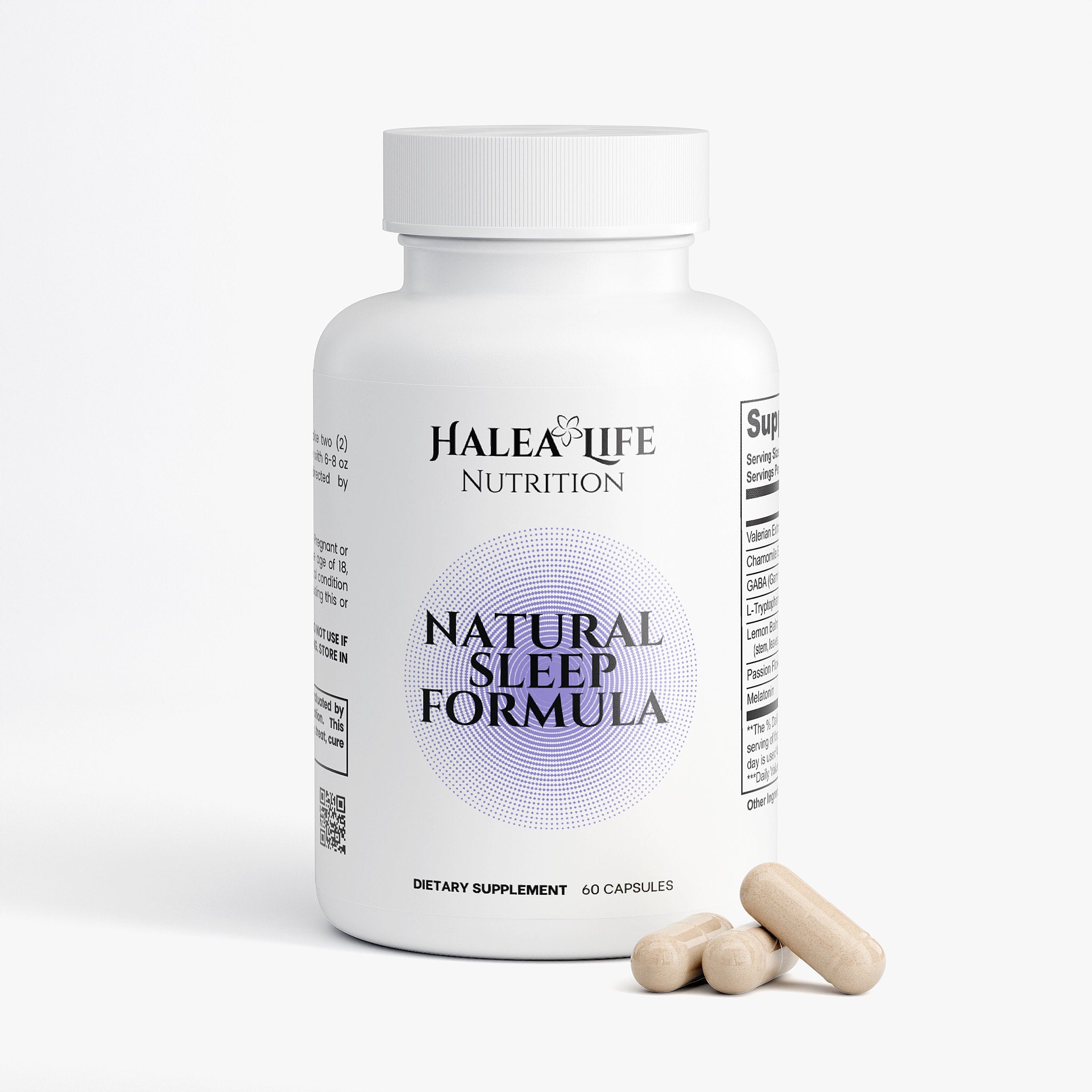 Halea Life Nutrition Natural Sleep Formula supplement bottle with capsules on a white background