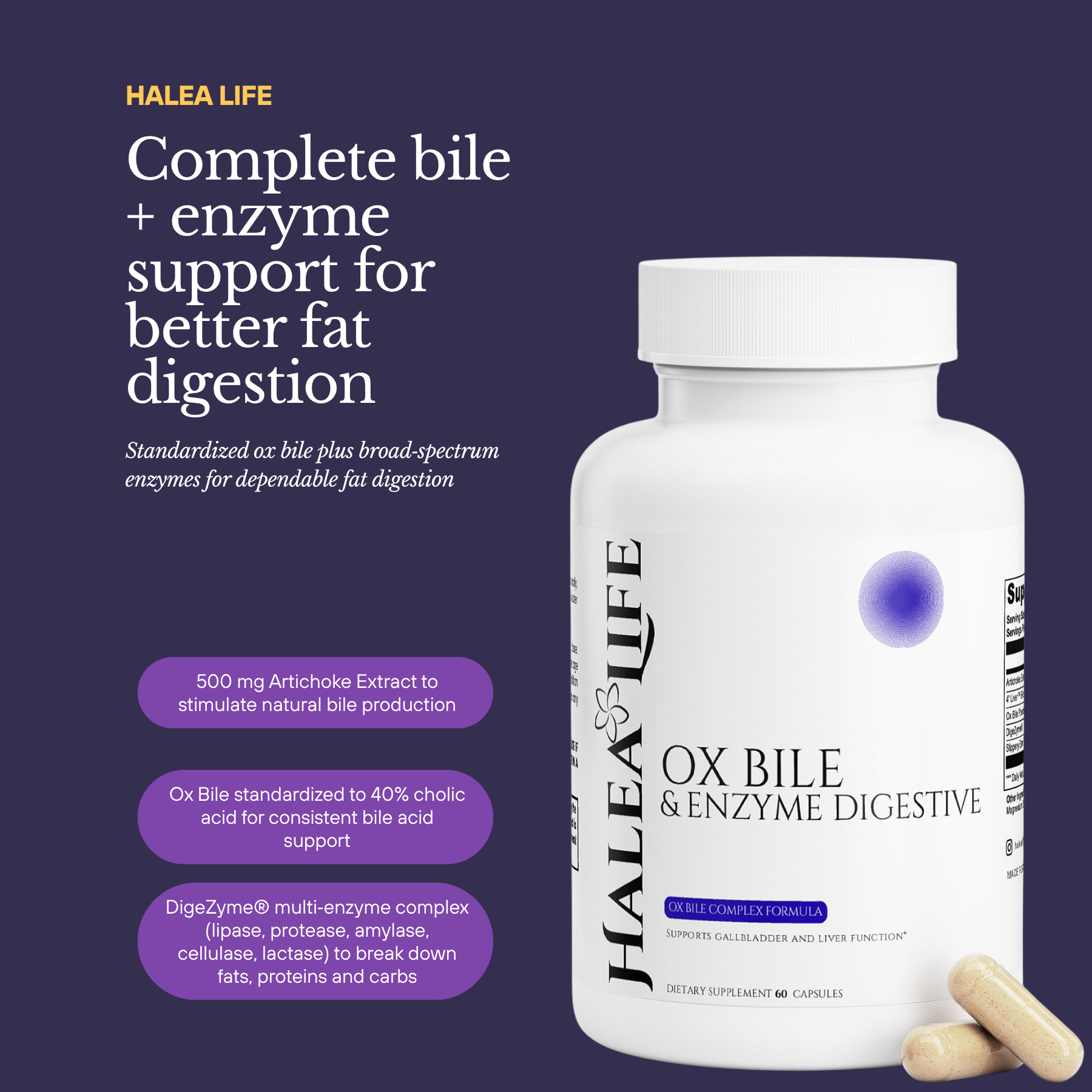 Halea Life OX Bile & Enzyme Digestive supplement bottle on a dark background