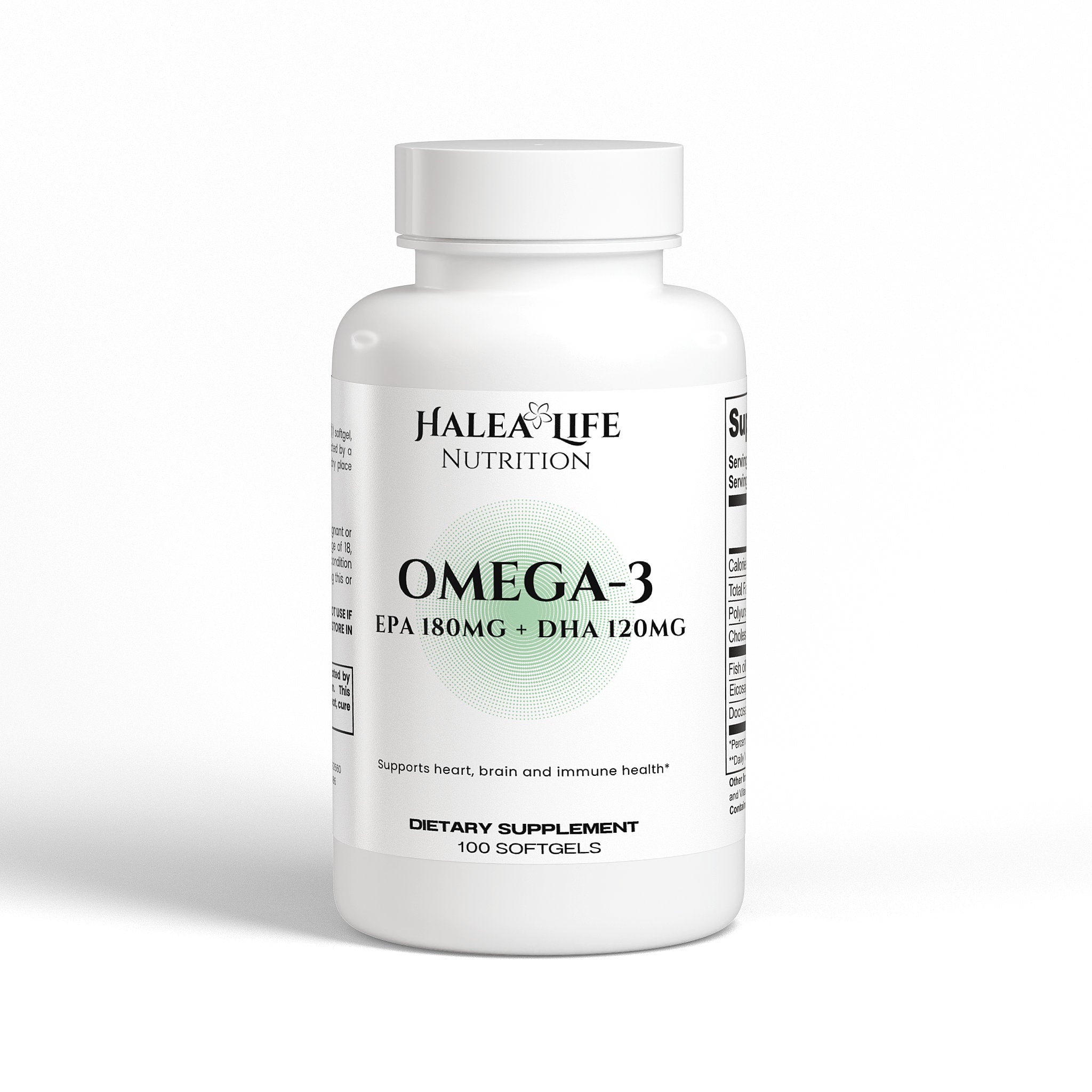 Halea Life Nutrition Omega-3 supplement bottle on a white background