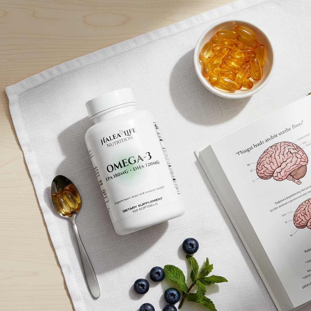 Halea Life Nutritions Omega-3 supplement bottle with capsules, spoon, and blueberries on a white cloth.