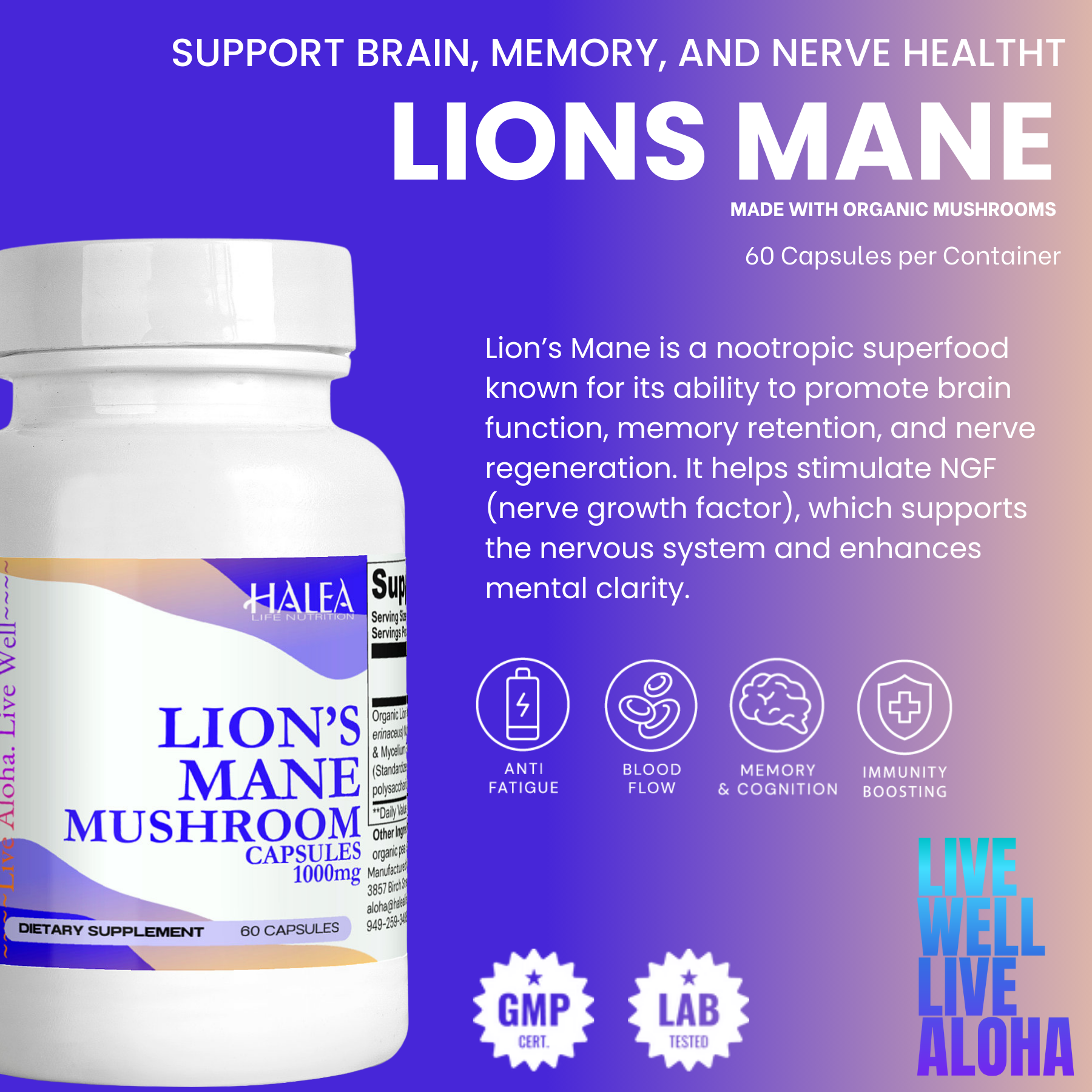 Halea Life Nutrition Organic Lion's Mane Mushroom Capsules