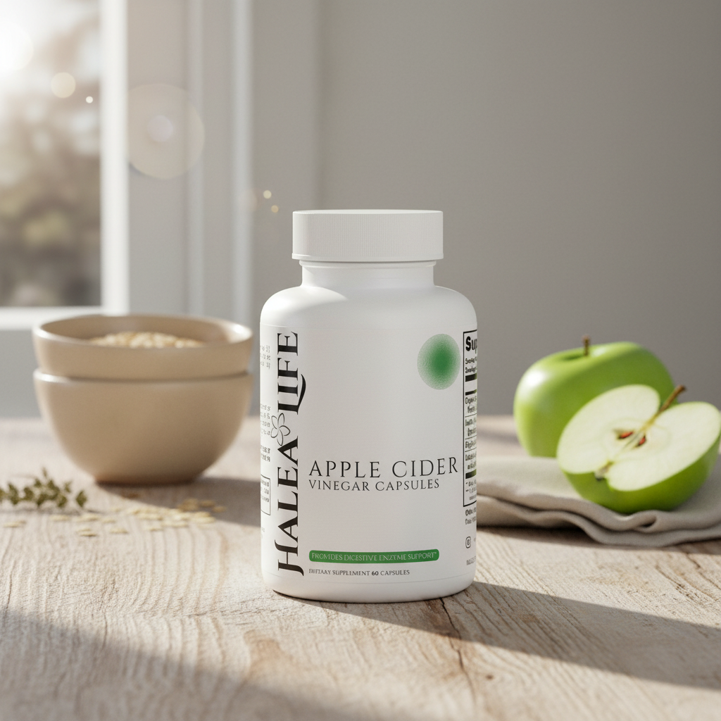 Bottle of Halea & Life Apple Cider Vinegar Capsules on a wooden surface with apples and a bowl in the background.