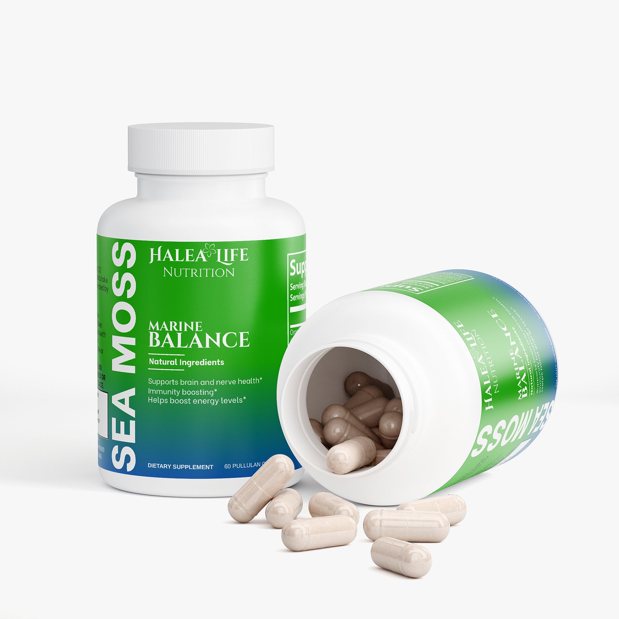 Halea Life Nutrition Sea Moss supplement bottle with open cap showing pills on a white background