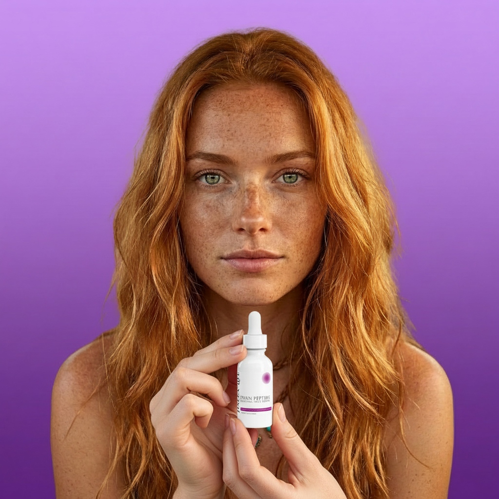 Woman holding a bottle f PDRN Brightening Serum with a dropper against a purple background
