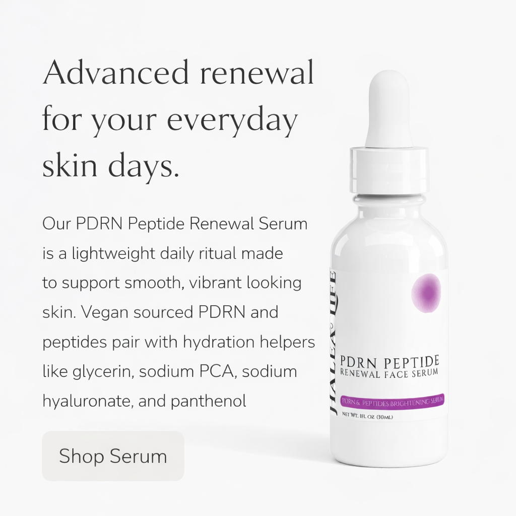 PDRN Peptide Renewal Serum bottle with promotional text on a white background