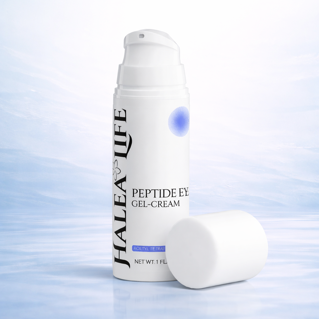 Halea Life Peptide Eye Gel-Cream bottle on a light blue background