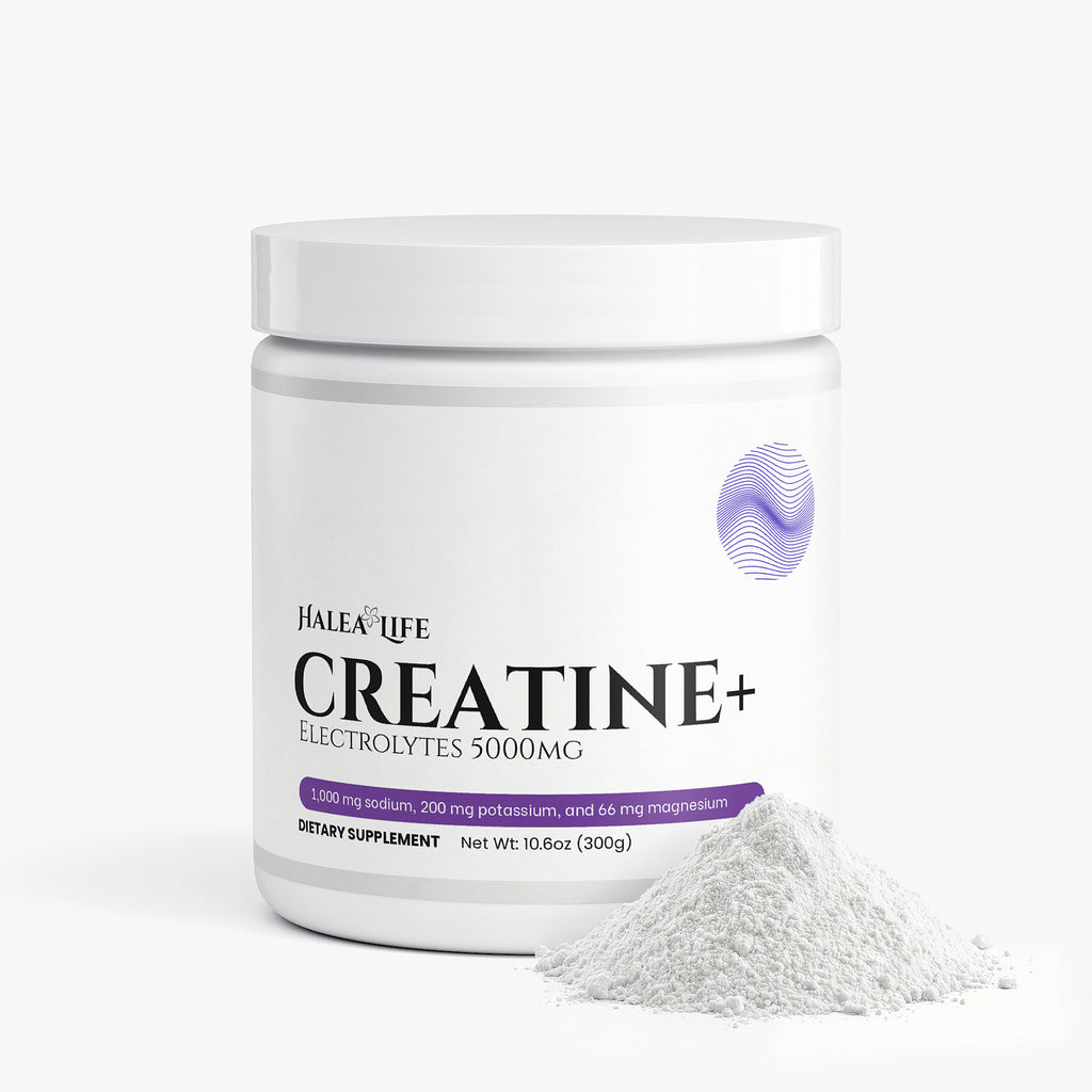 Halea Life Creatine+ supplement container with powder on a white background