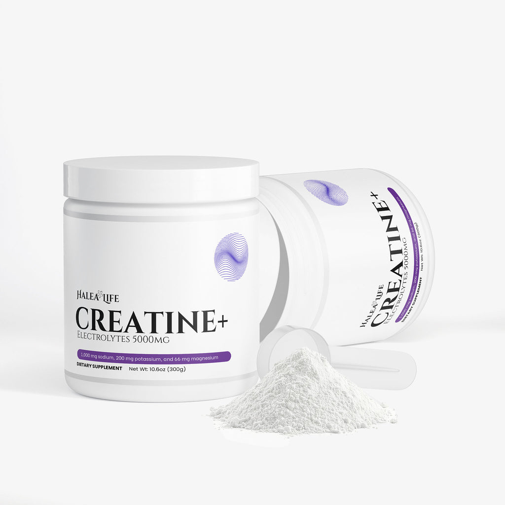 Creatine supplement container with scoop on a white background