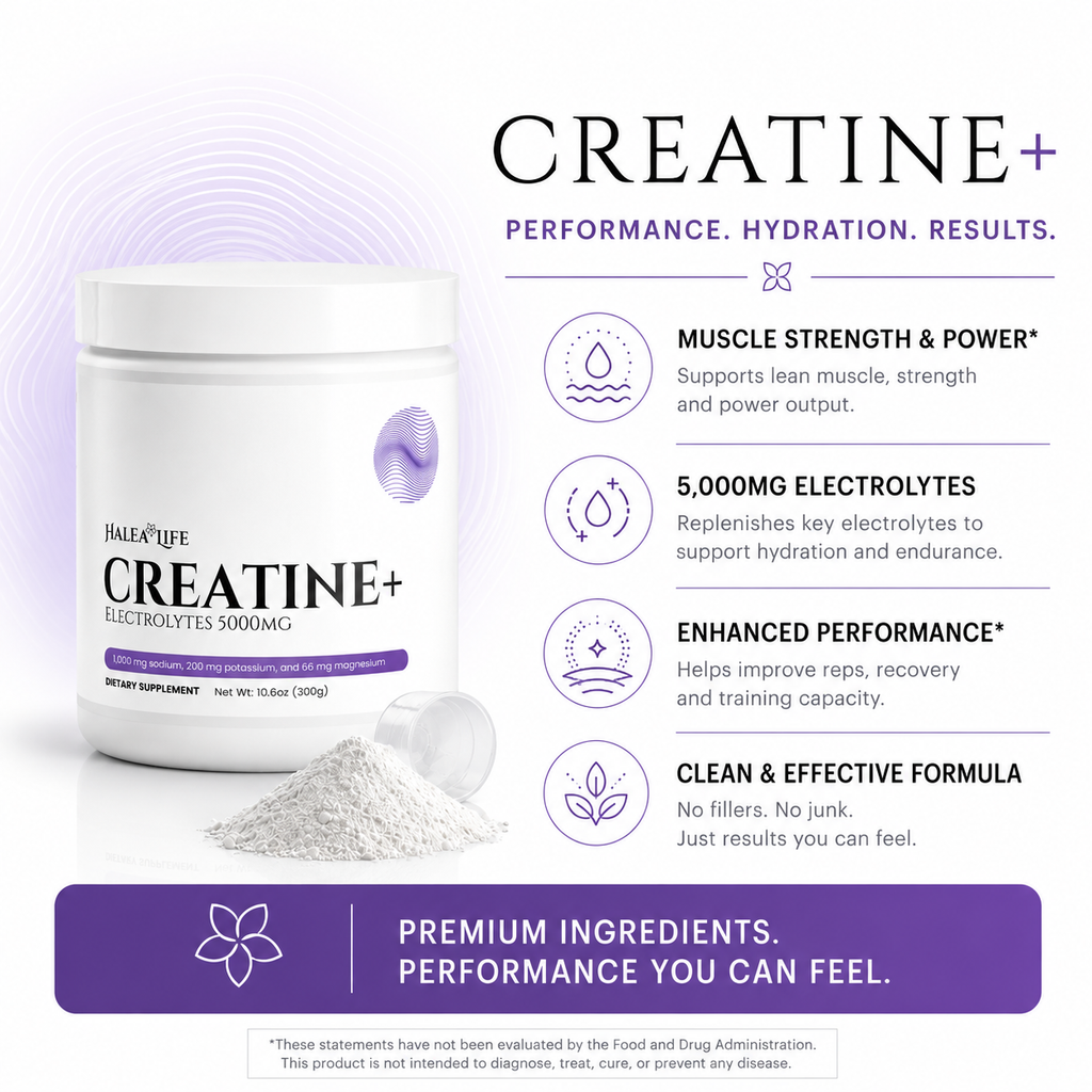 HaleaLife Creatine+ supplement container with product details on a white background