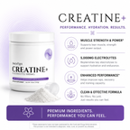 HaleaLife Creatine+ supplement container with product details on a white background