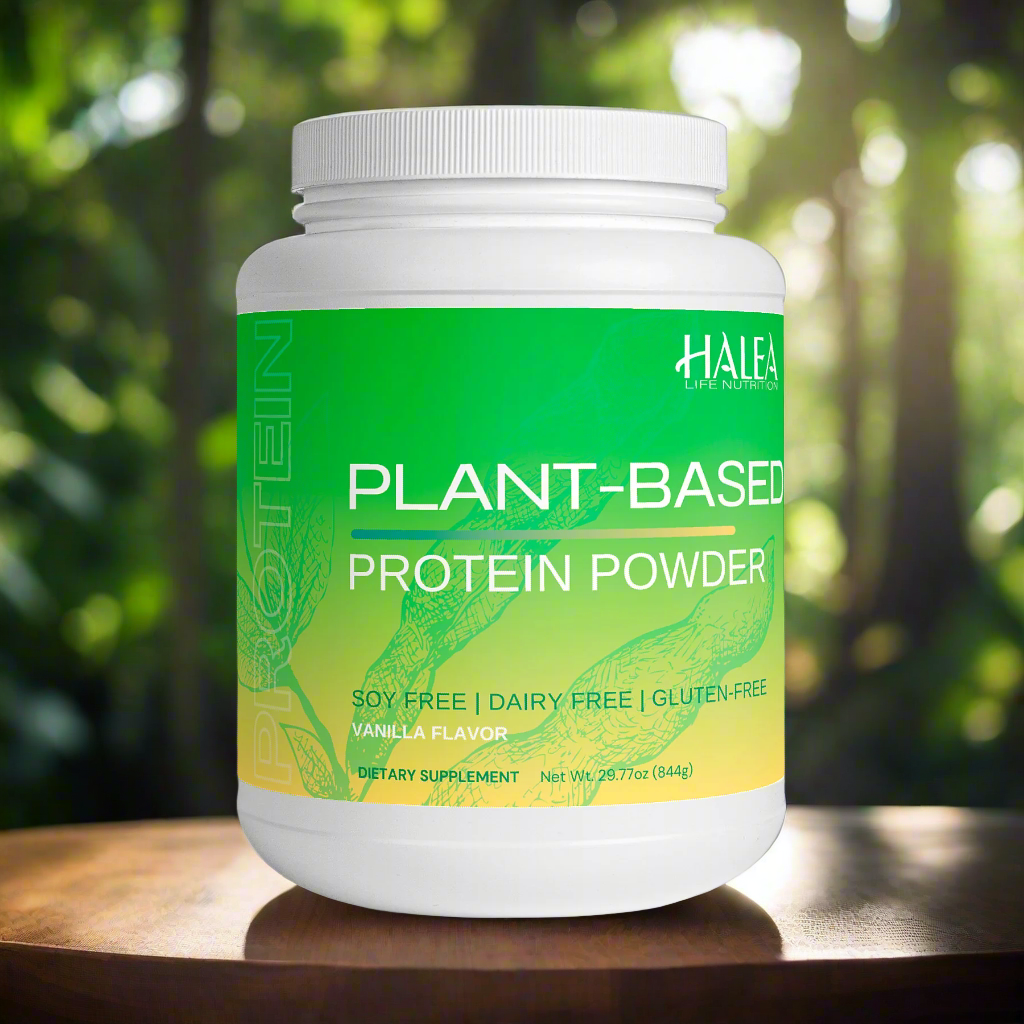 Halea plant-based protein powder container with a green label on a wooden surface.