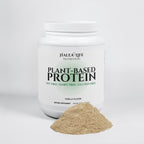 Halea Life Nutrition plant-based protein powder container with a scoop of powder on a white background