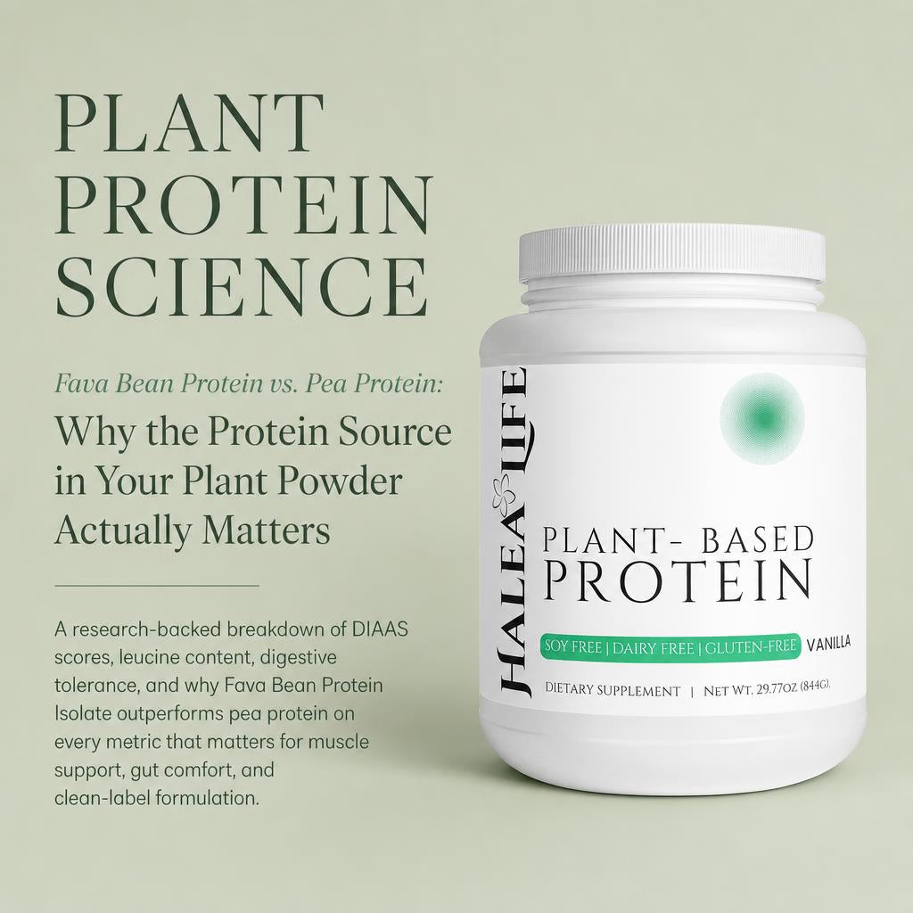 Halea & Life plant-based protein powder container on a light green background with text about protein science.