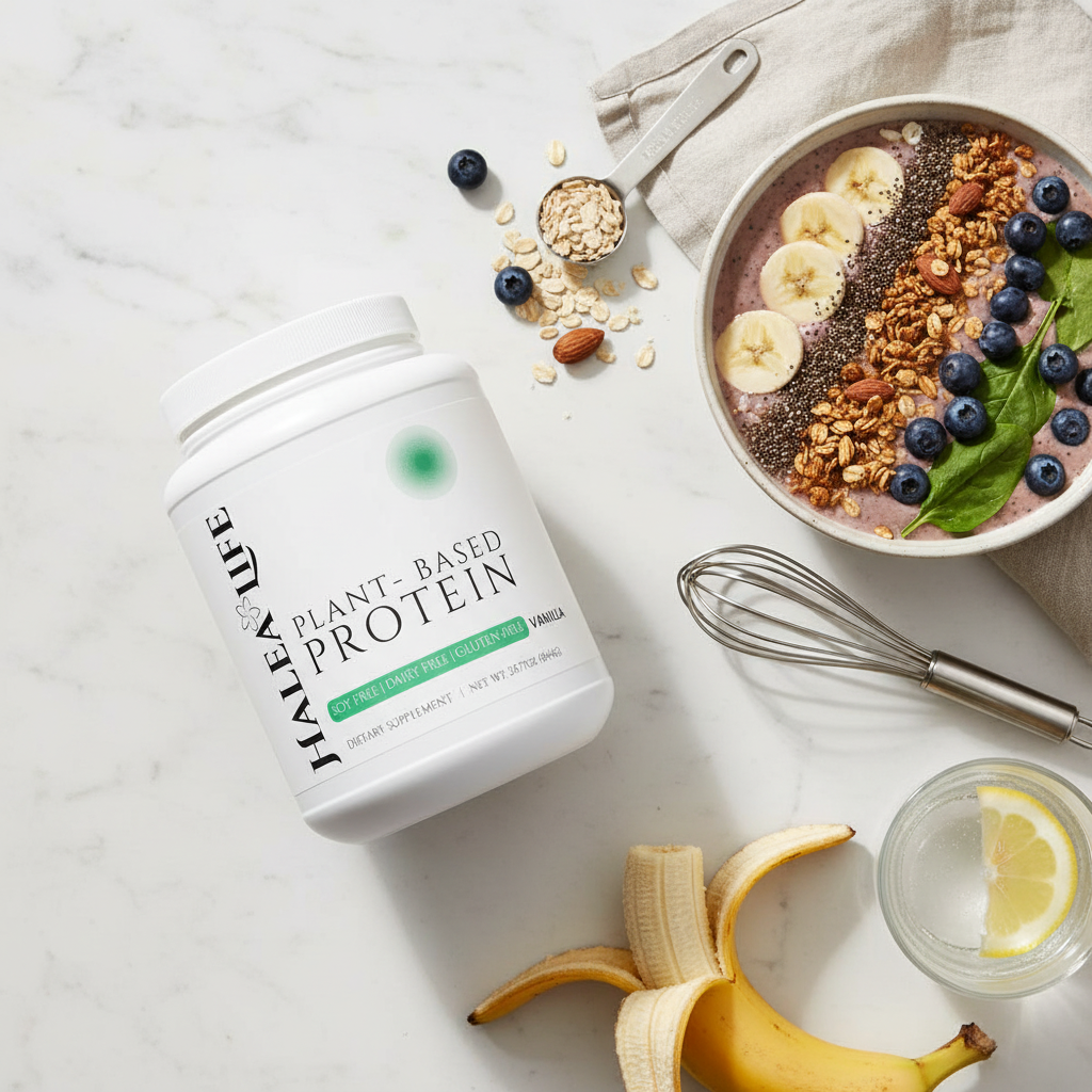 Halea Life plant-based protein container with a bowl of granola, fruit, and a whisk on a light surface.