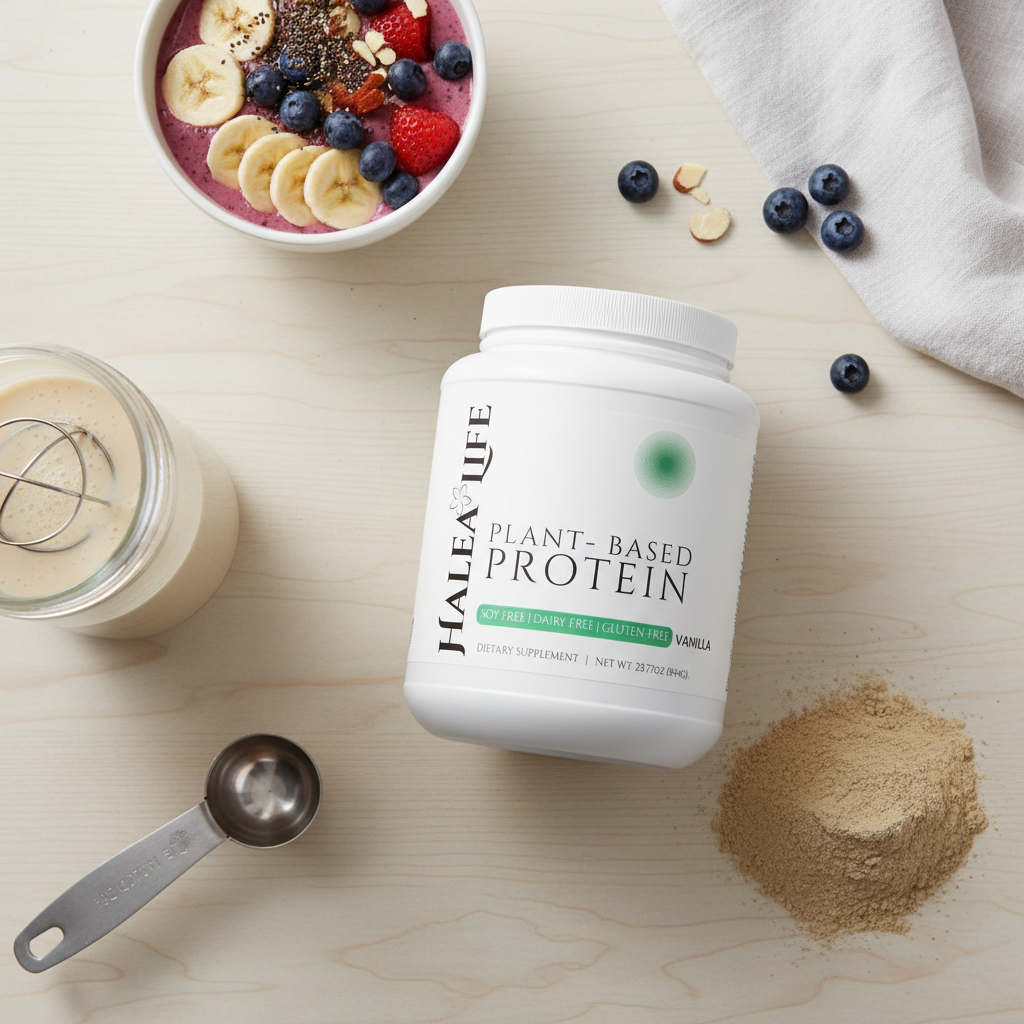 Halea Life plant-based protein powder with a bowl of fruit and a measuring spoon on a wooden surface.
