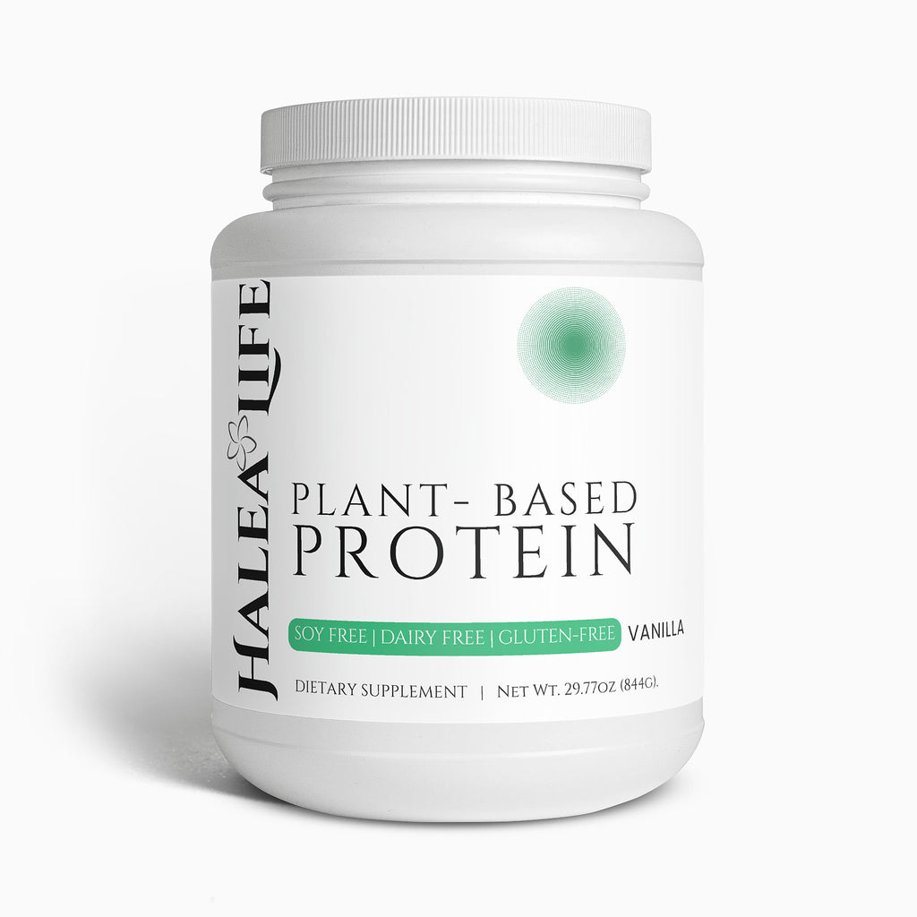 Halea Life plant-based protein powder container on a white background