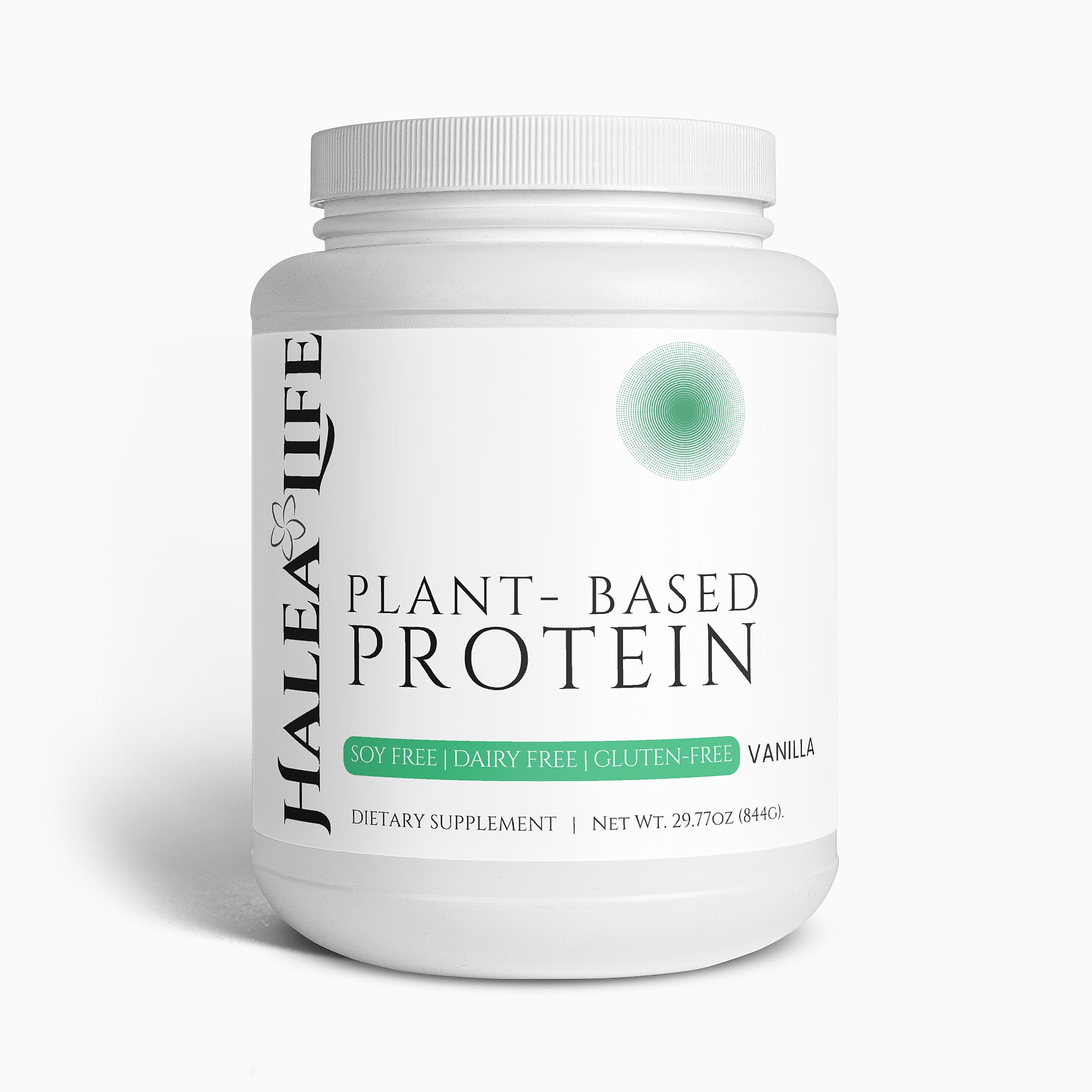 Halea Life plant-based protein powder container on a white background