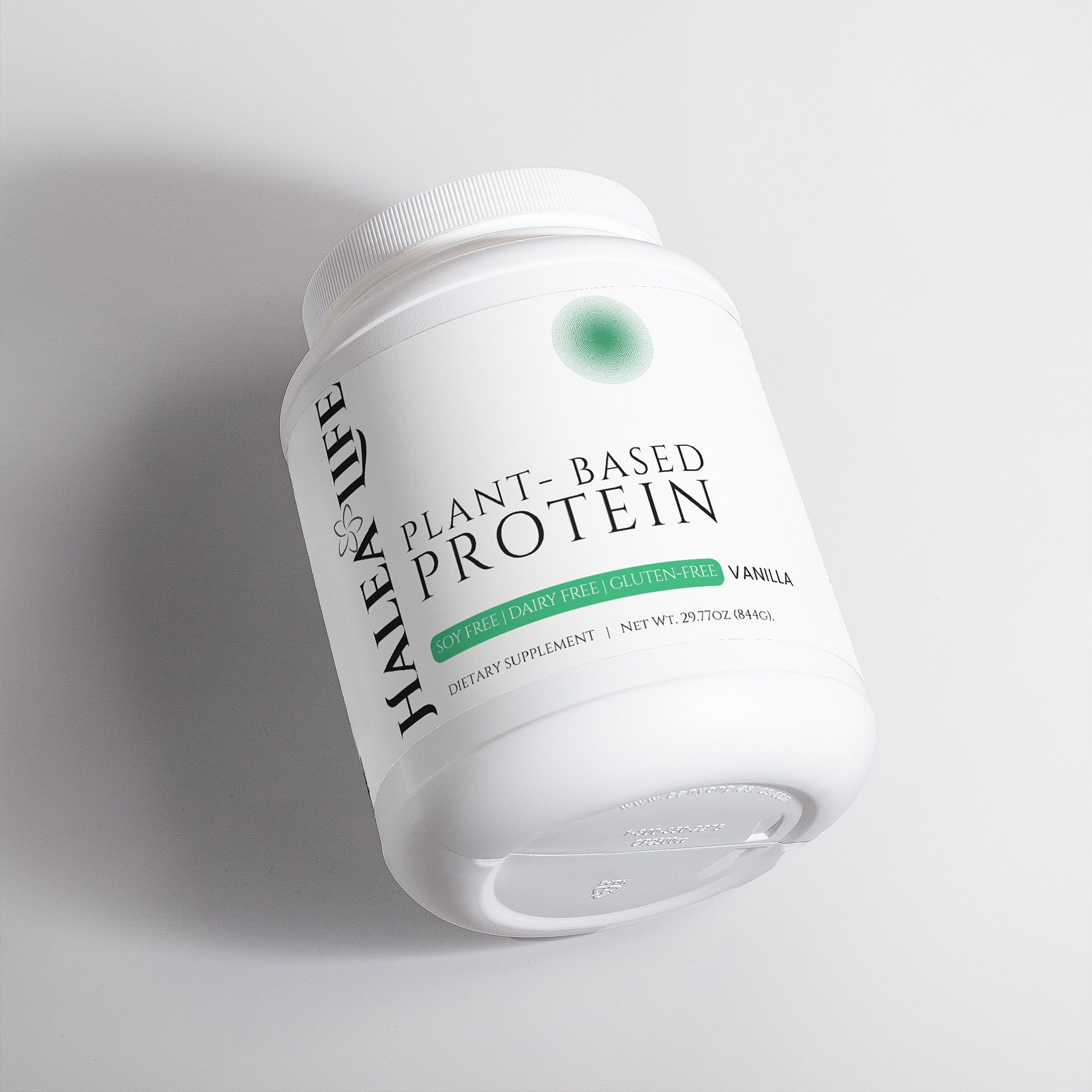 Container of Halea Life plant-based protein on a light gray background