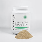 Halea & Life plant-based protein powder container with a small pile of powder on a white background