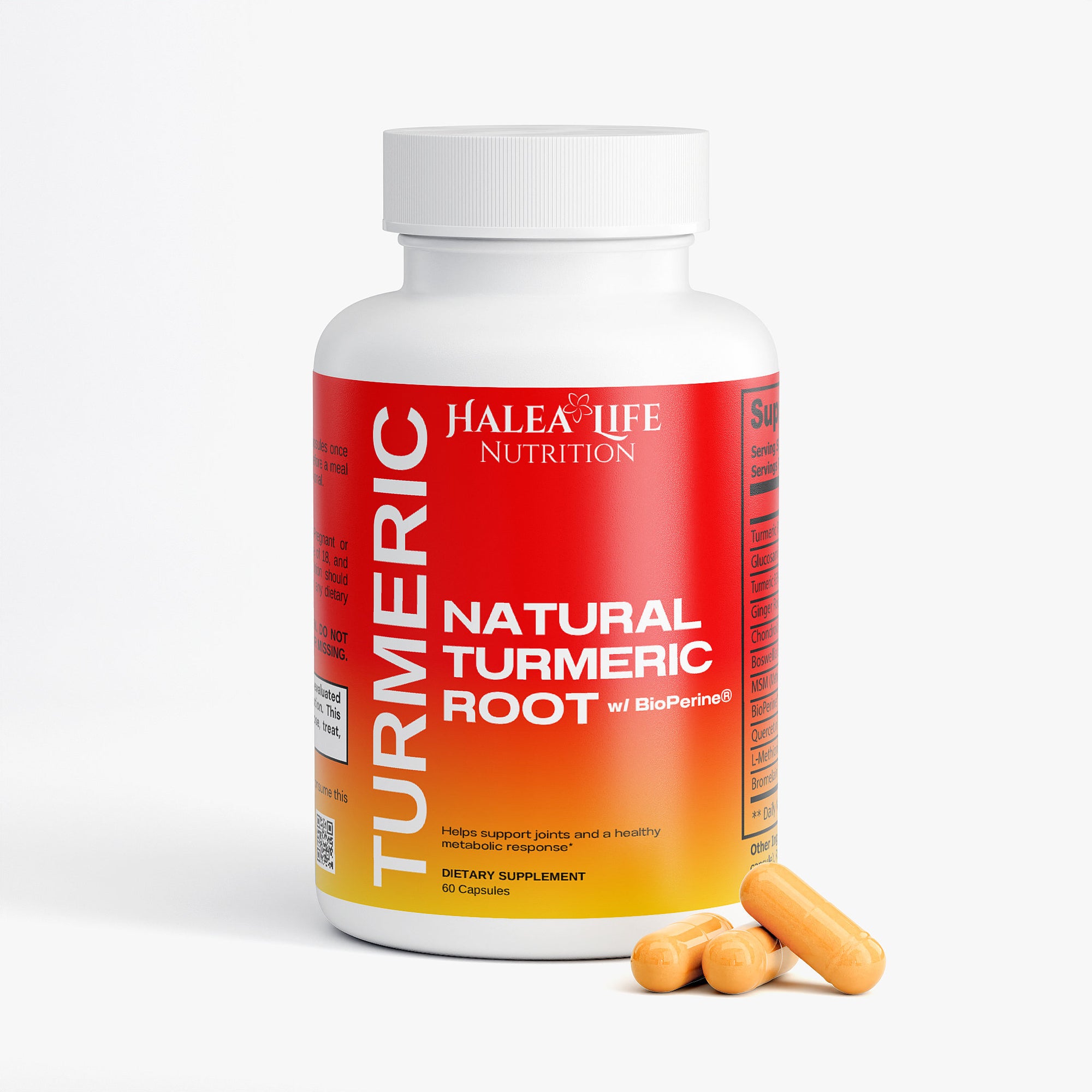 Bottle of Halea Life Nutrition Turmeric supplement with capsules on a white background