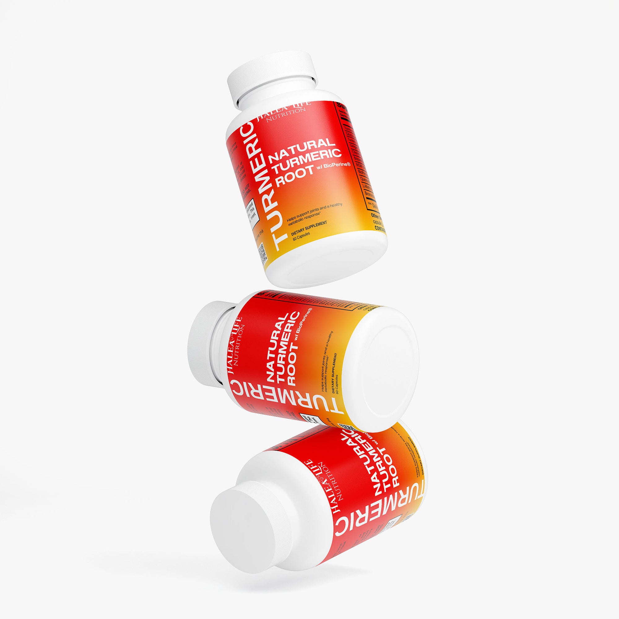 Three bottles of Natural Factors Turmeric Curcumin on a white background
