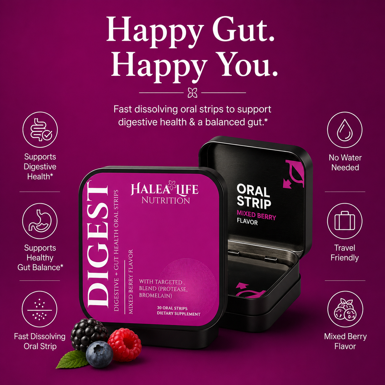 Digestive Support Strips - Probiotics + Digestive Enzymes
Probiotics AND enzymes in one strip - because digestion needs both