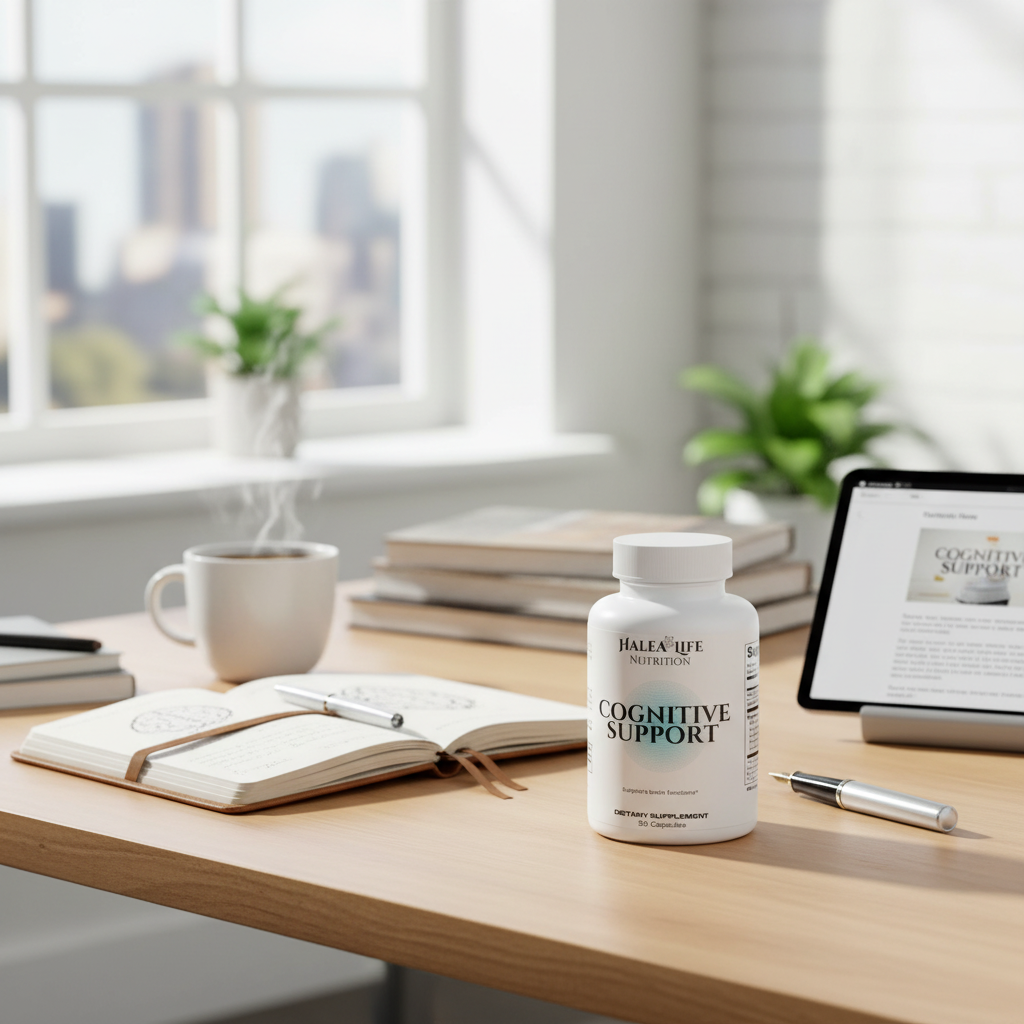 Bottle of 'Cognitive Support' on a desk with a laptop, notebook, and coffee cup in a bright room.