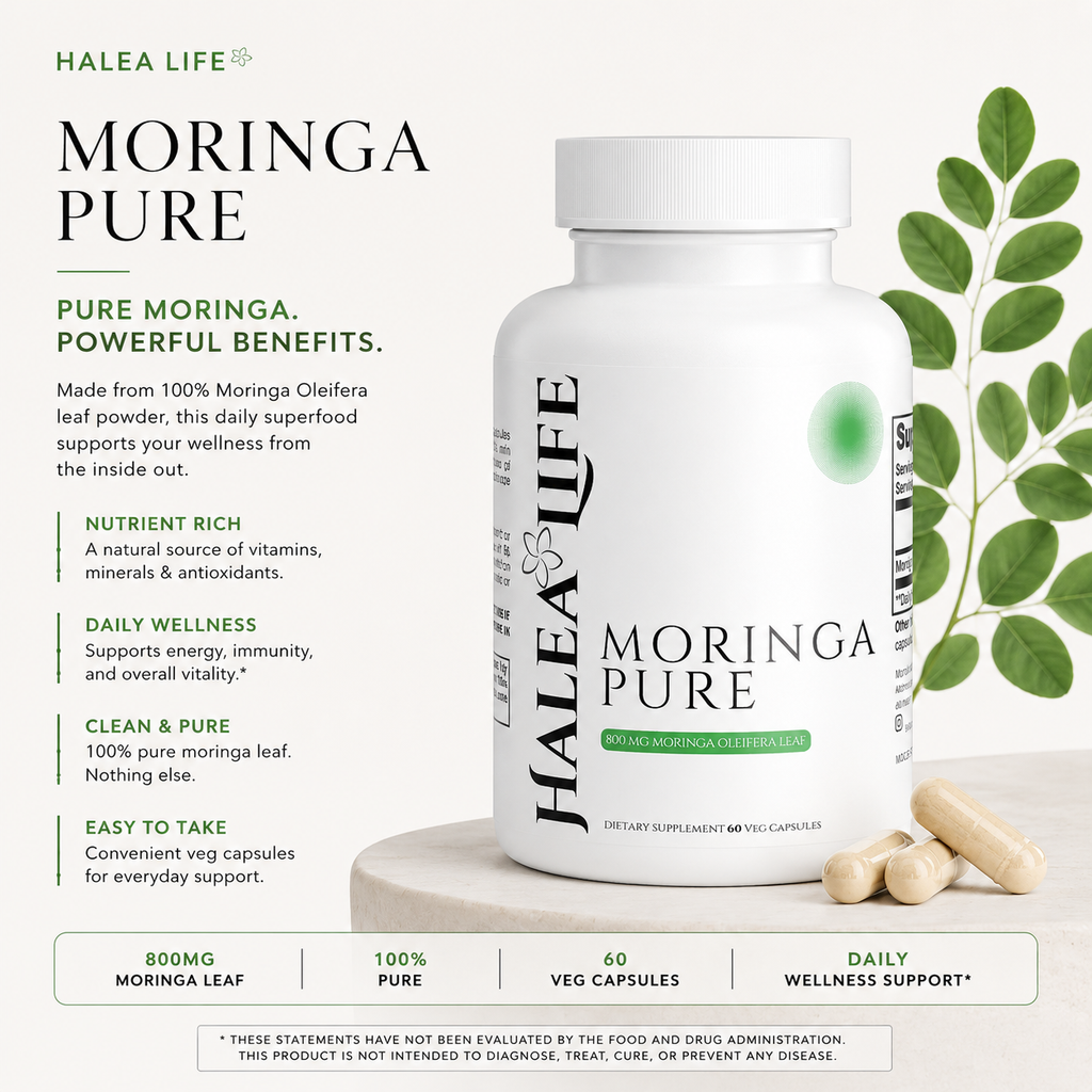 Halea Life Moringa Pure Capsules deliver&nbsp;800 mg of Moringa Oleifera leaf per serving in a vegetable capsule, a single-ingredient, whole-leaf formula with no fillers, no blends, and no undisclosed additives