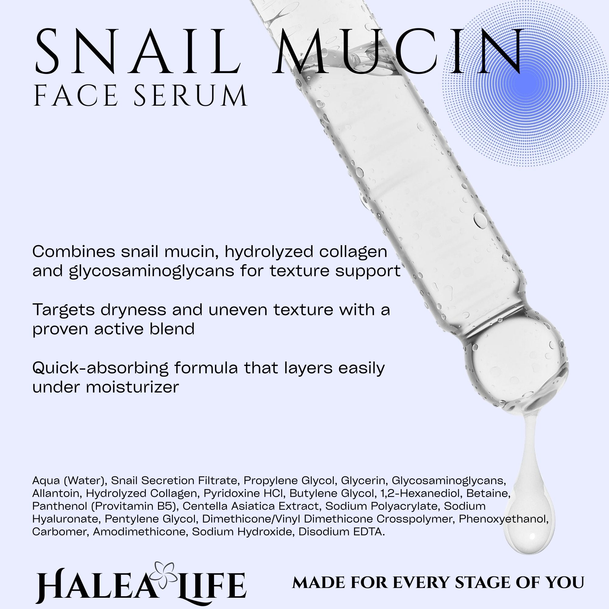 Snail mucin face serum with Halea Life branding on a light blue background
