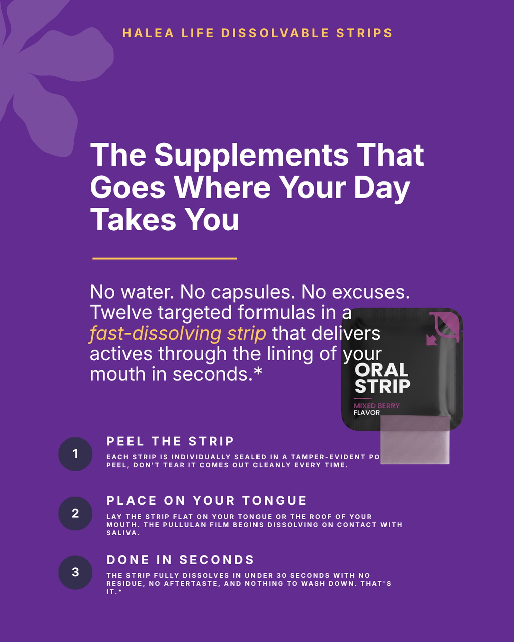 Promotional graphic for Halea Life dissolvable strips on a purple background