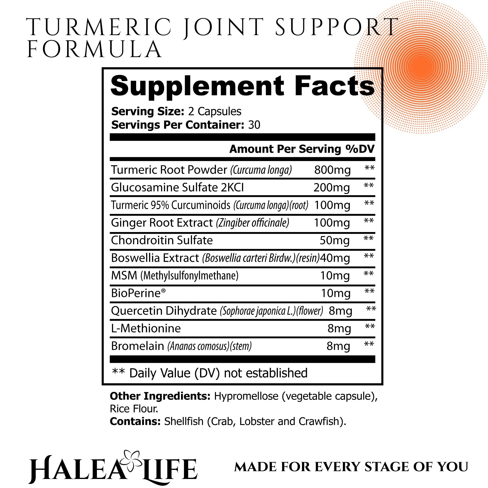 Supplement label for Turmeric Joint Support Formula by Halea Life with detailed ingredient list and serving size.