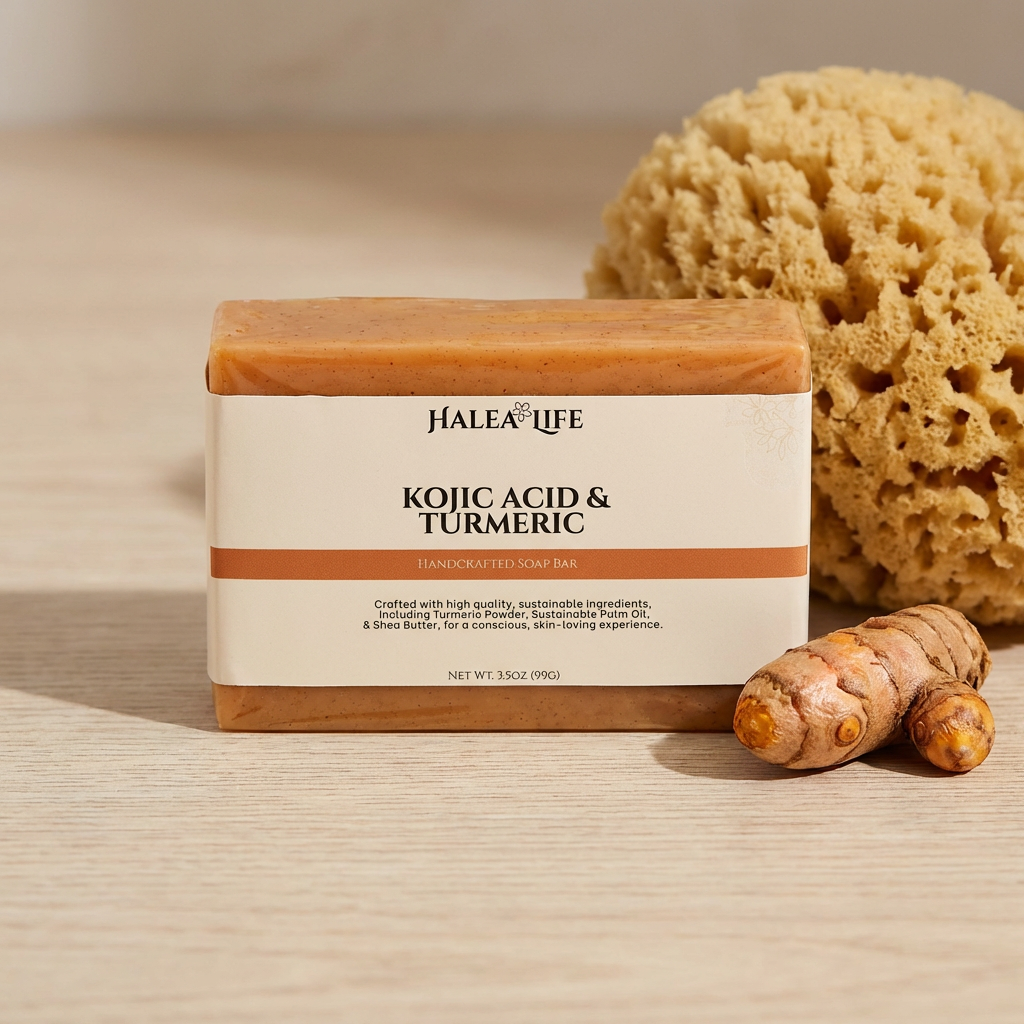 Halea Life Kojic Acid and Turmeric Soap Bar for skin brightening dark spot fading and even skin tone