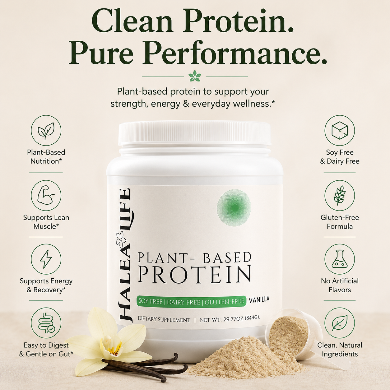 Halea Life plant-based protein container with product features on a beige background