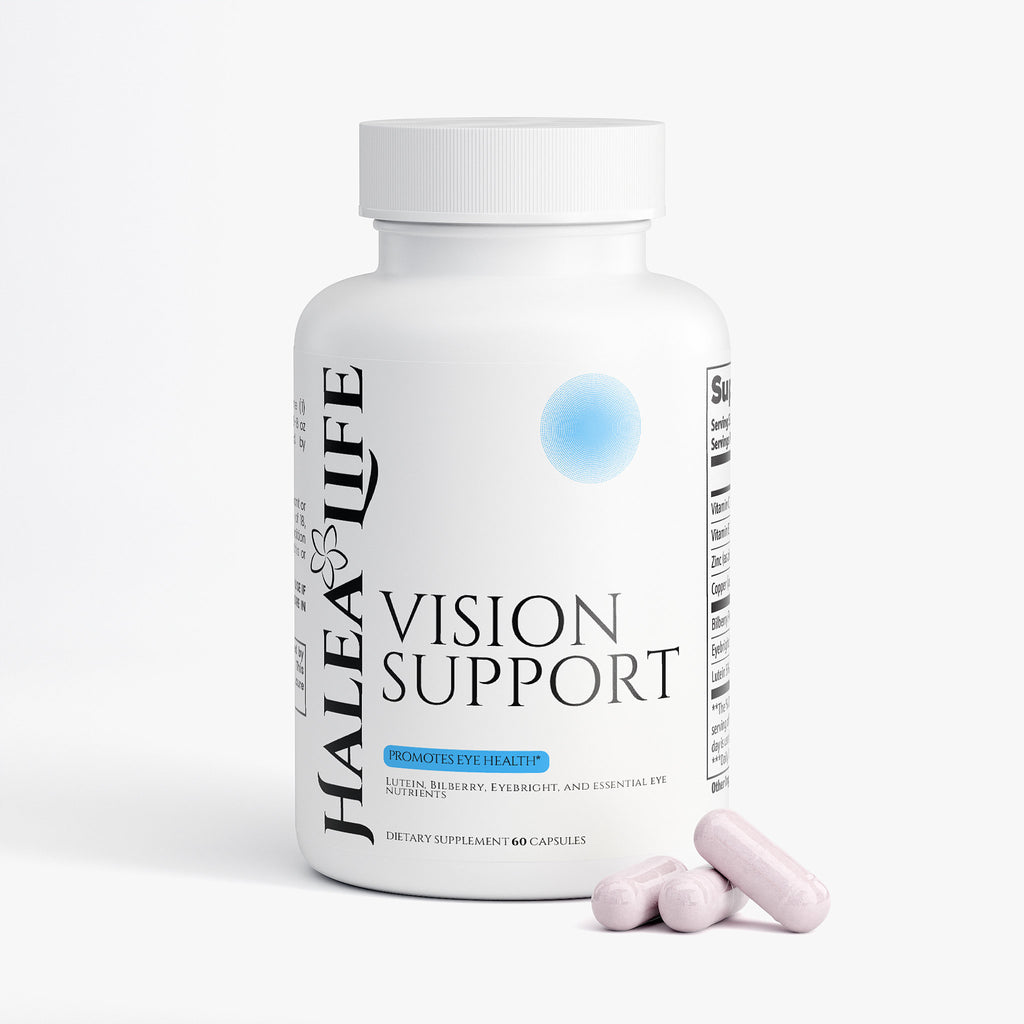 Supplement bottle labeled 'Vision Support' by Halea Life on a white background