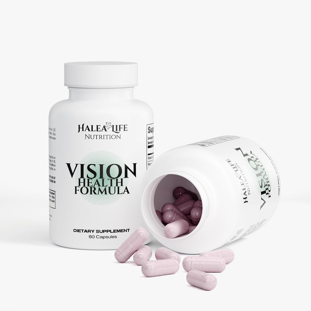 Halea Life Nutrition Vision Health Formula supplement bottle with open lid showing pink capsules on a white background