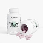 Halea Life Nutrition Vision Health Formula supplement bottle with open lid showing pink capsules on a white background