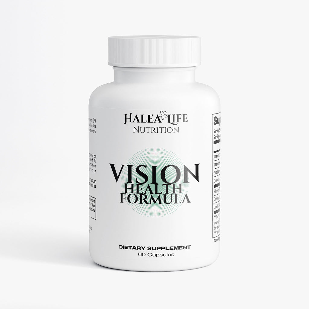 Supplement bottle labeled 'Vision Health Formula' by Halea Life Nutrition on a white background