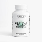 Supplement bottle labeled 'Vision Health Formula' by Halea Life Nutrition on a white background