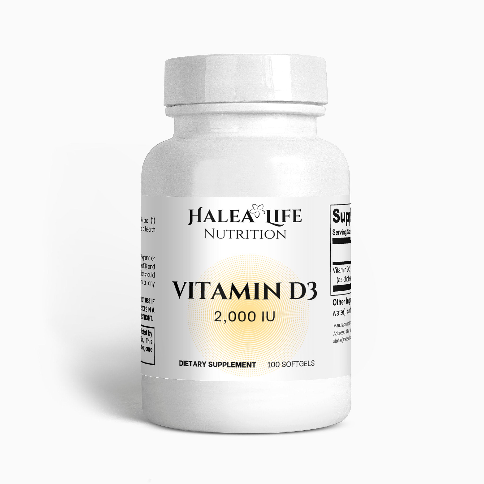 Halea Life Nutrition Vitamin D3 supplement bottle on a white background