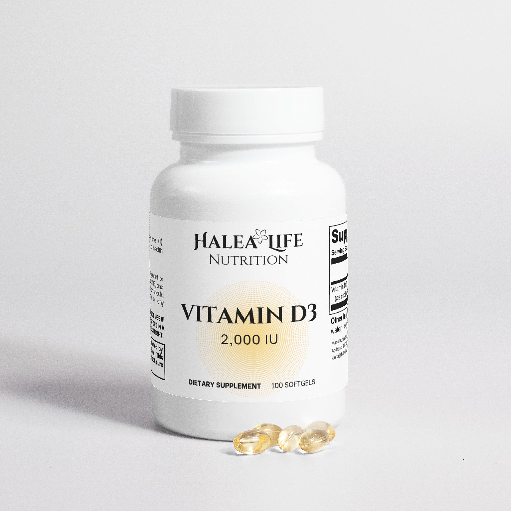 Halea Life Nutrition Vitamin D3 supplement bottle with capsules on a light gray background
