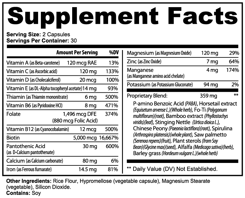 Halea Life Hair Skin Nails Essentials 3-Pack supplement facts panel with full vitamin and mineral dosage
