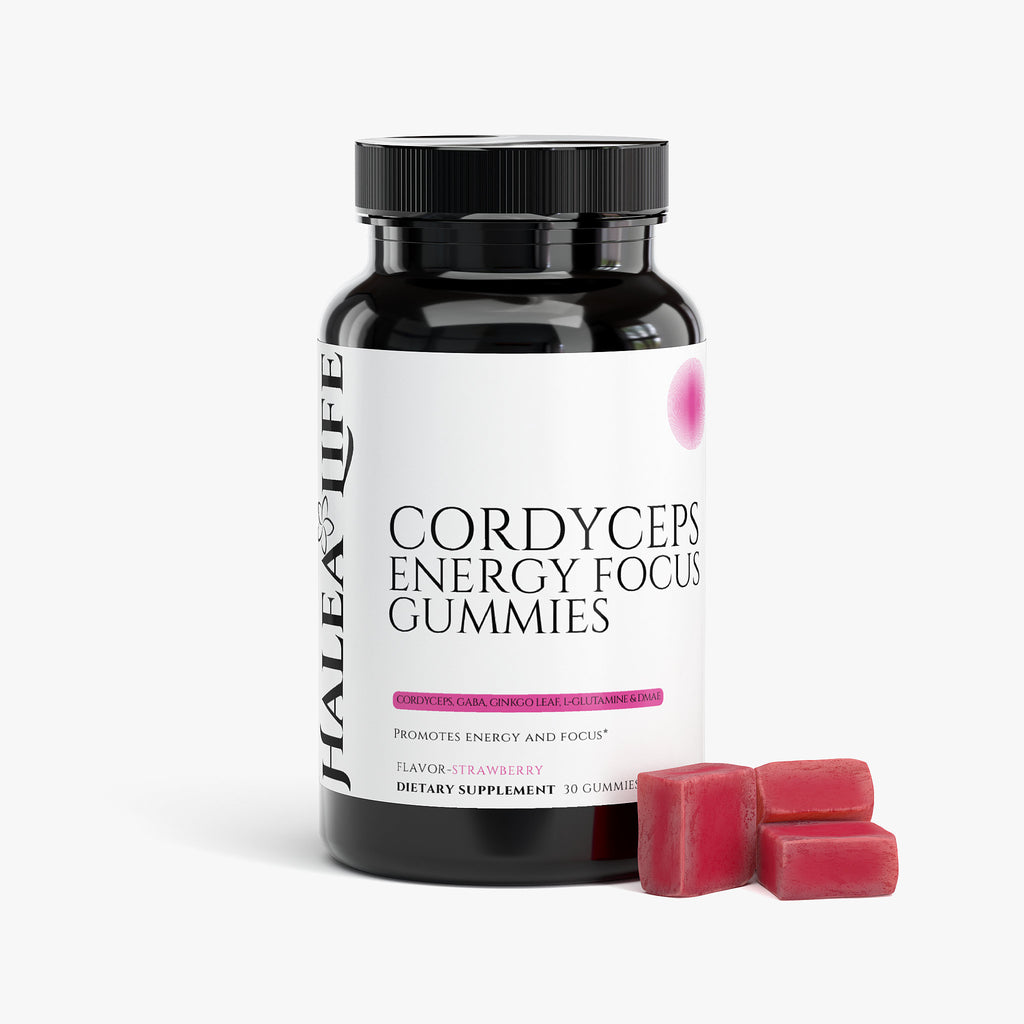 Cordyceps Energy Focus Gummies supplement facts label Cordyceps Extract, GABA, Ginkgo Leaf, L-Glutamine, DMAE