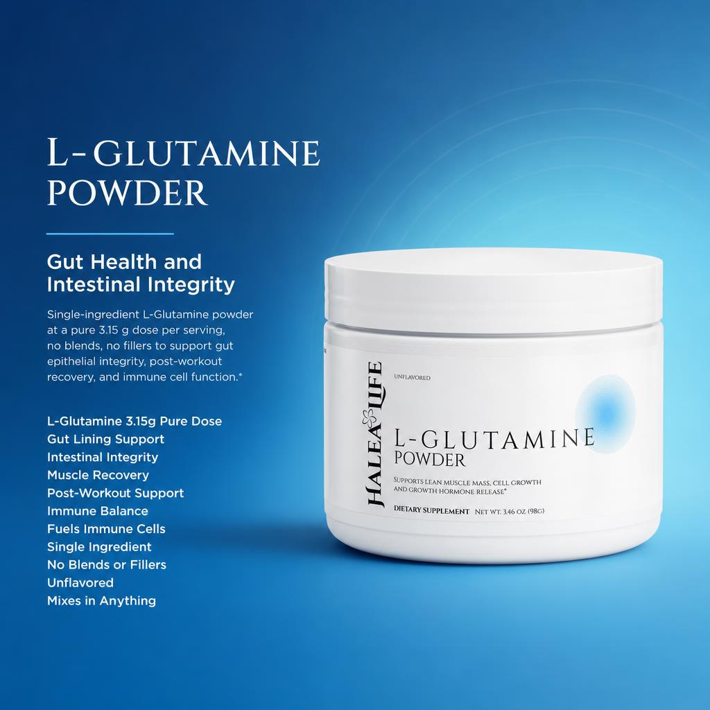 Halea Life L-Glutamine Powder infographic showing single-ingredient gut lining and intestinal integrity support