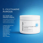Halea Life L-Glutamine Powder infographic showing single-ingredient gut lining and intestinal integrity support
