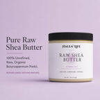 Halea Life Pure Raw Shea Butter infographic highlighting 100% unrefined organic Butyrospermum Parkii single ingredient