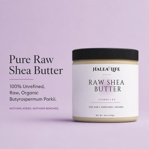 Halea Life Pure Raw Shea Butter infographic highlighting 100% unrefined organic Butyrospermum Parkii single ingredient